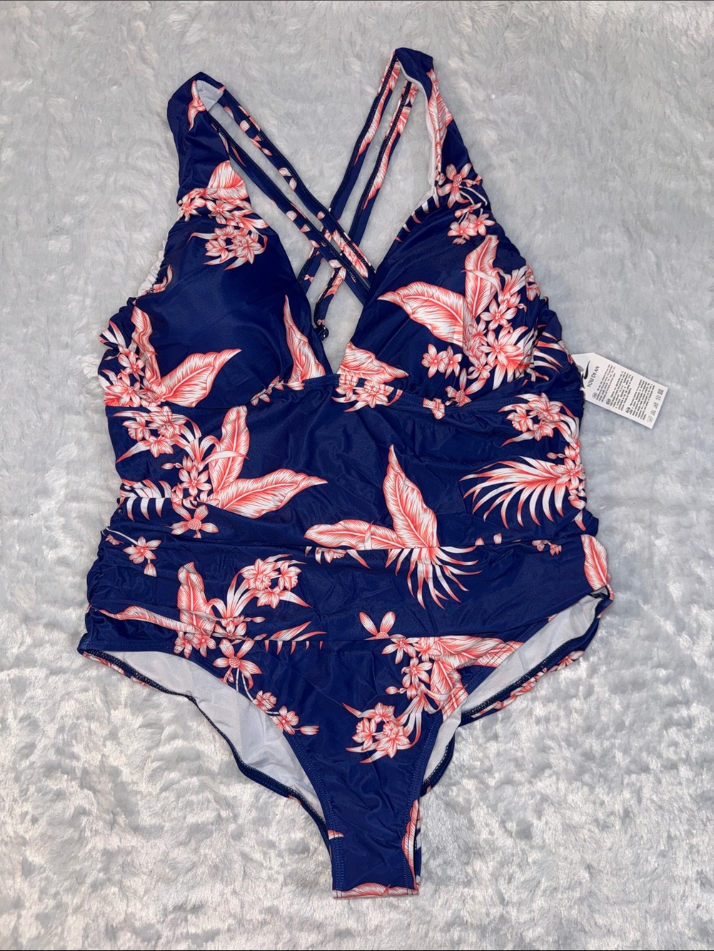 NWT Navy Floral One-Piece Swimsuit with Coral Print and Crisscross Straps